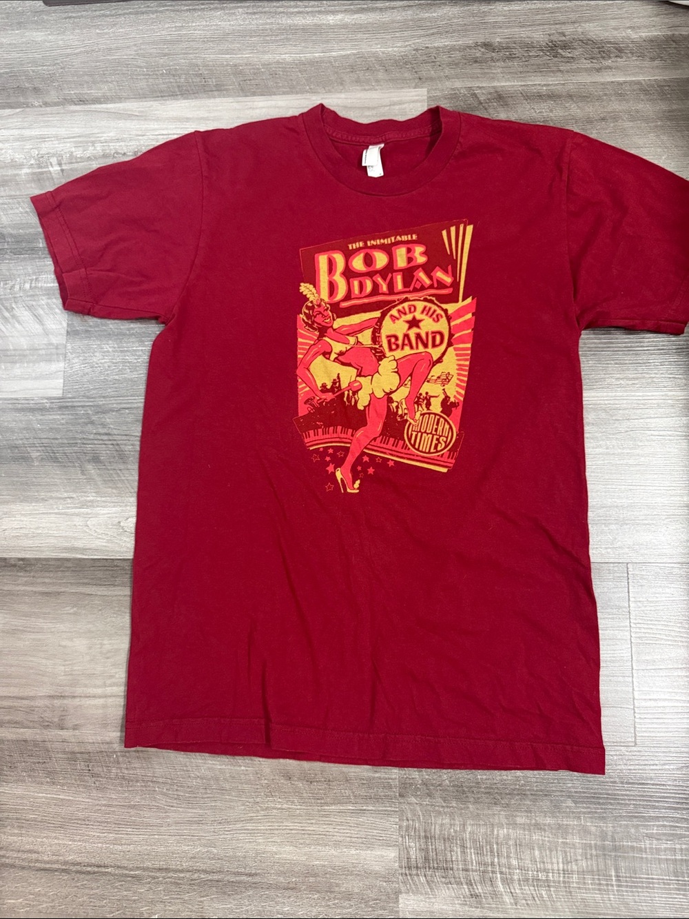 American Apparel Red Bob Dylan Graphic Tee with Yellow Print
